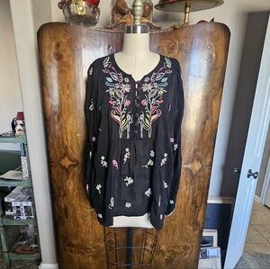 Johnny Was Black Blouse with Multicolor Embroidery